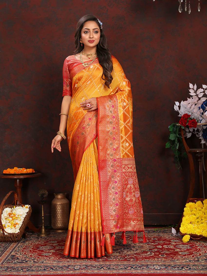 Lorenvalley Fashion Gold Organza Silk Woven Design with Rich Meenakari Weaving Pallu Saree - Swadesiicart
