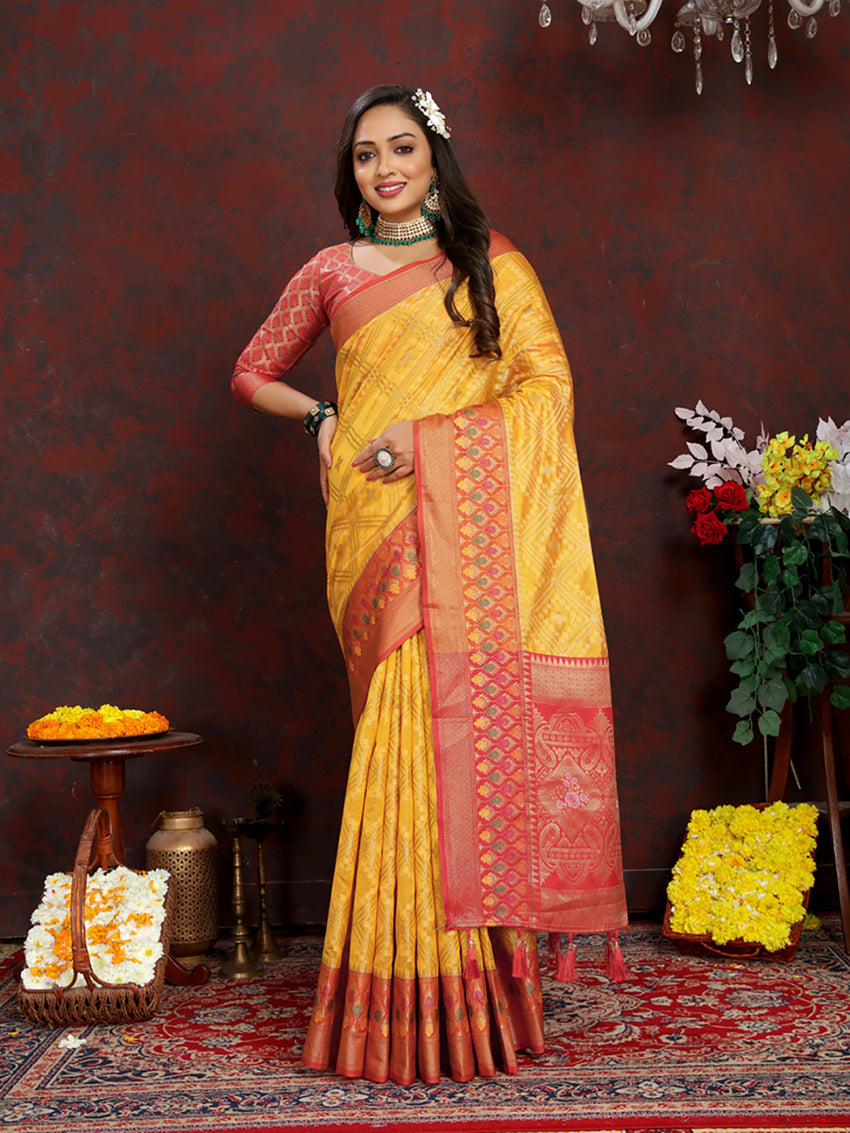 Lorenvalley Fashion Gold Organza Silk Woven Design with Rich Meenakari Weaving Pallu Saree - Swadesiicart