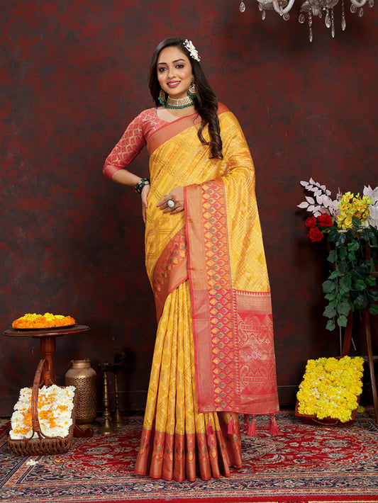 Lorenvalley Fashion Gold Organza Silk Woven Design with Rich Meenakari Weaving Pallu Saree - Swadesiicart