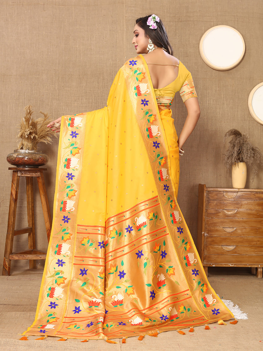Lorenvalley Fashion Gold Soft Paithani Silk Woven Design Rich Zari Meenakari Weaving Saree - Swadesiicart
