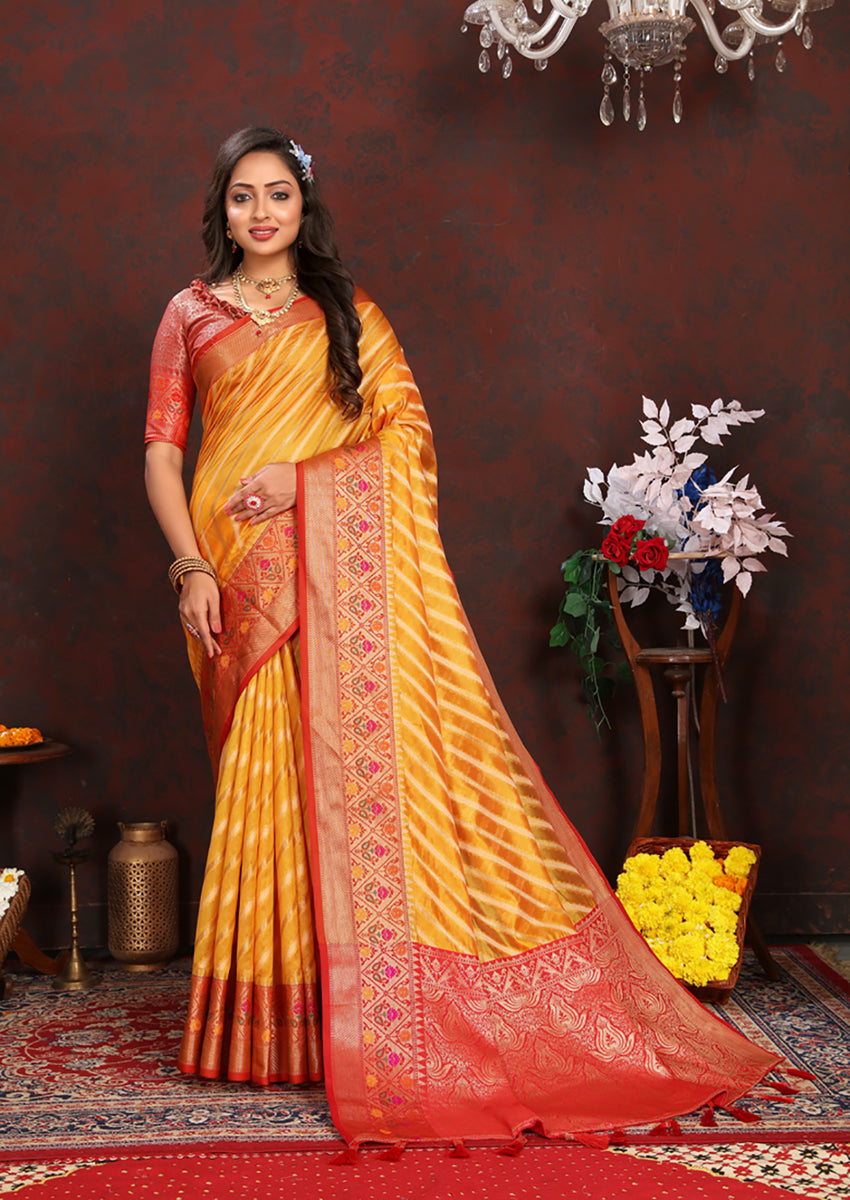 Lorenvalley Fashion Gold Organza Silk Woven Design with Rich Meenakari Weaving Pallu Saree - Swadesiicart