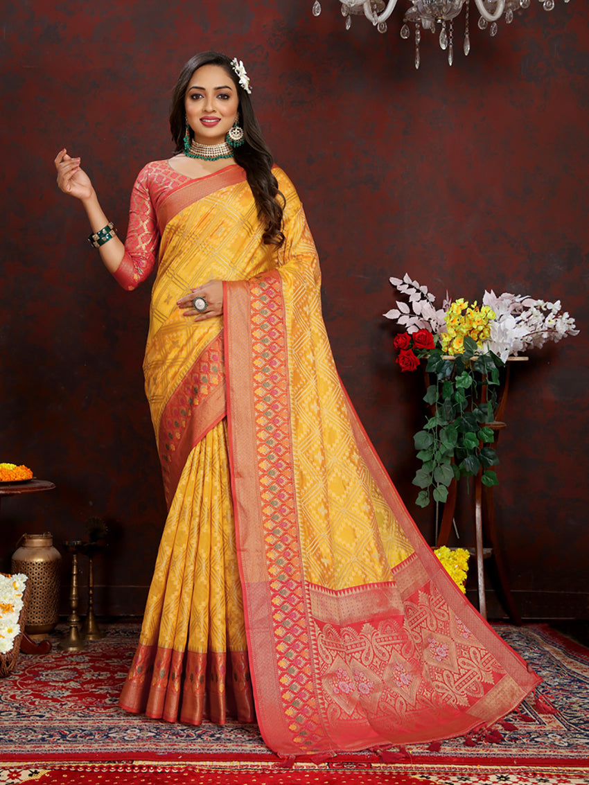 Lorenvalley Fashion Gold Organza Silk Woven Design with Rich Meenakari Weaving Pallu Saree - Swadesiicart