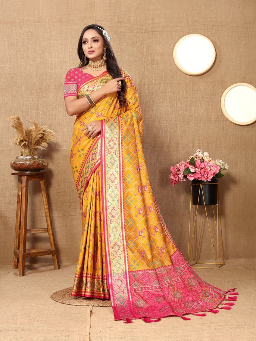 Lorenvalley Fashion Gold Patola Silk Woven Design with Zari Meenakari Weaving motifs Pallu Saree - Swadesiicart