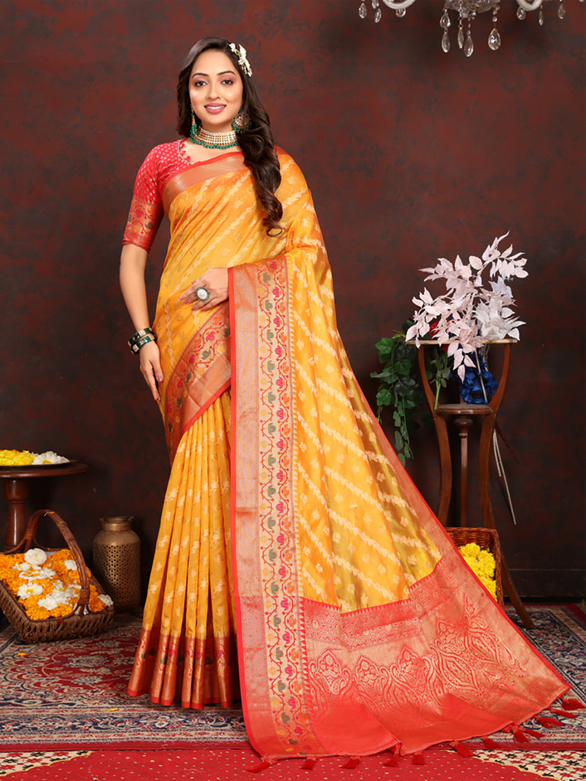 Lorenvalley Fashion Gold Organza Silk Woven Design with Rich Meenakari Weaving Pallu Saree - Swadesiicart