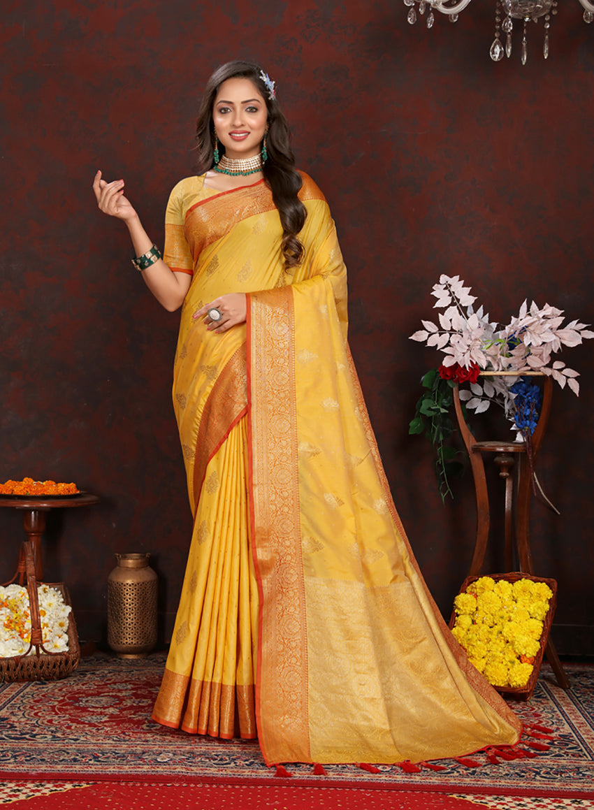 Lorenvalley Fashion Gold Soft Katan Silk Woven Design Zari Weaving Pallu Saree - Swadesiicart