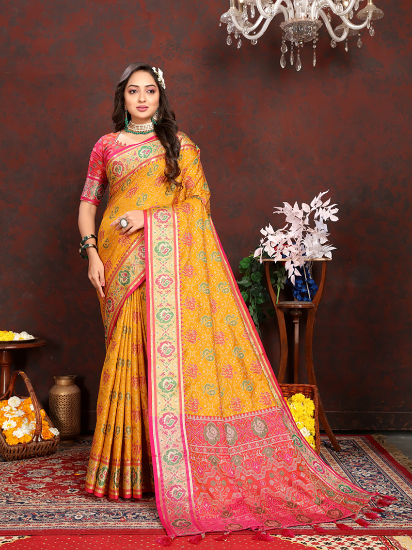 Lorenvalley Fashion Gold Patola Silk Woven Design with Zari Meenakari Weaving motifs Pallu Saree - Swadesiicart