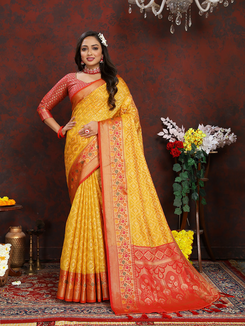 Lorenvalley Fashion Gold Organza Silk Woven Design with Rich Meenakari Weaving Pallu Saree - Swadesiicart