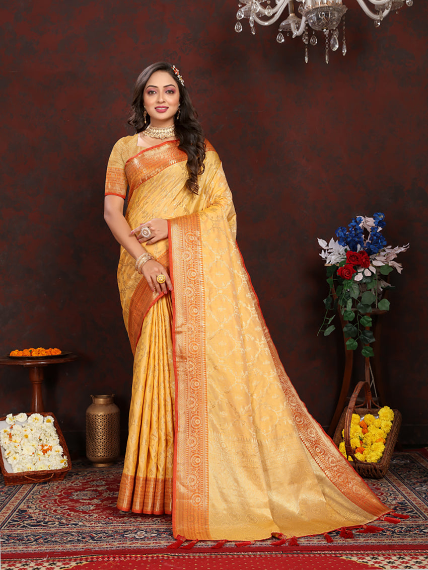 Lorenvalley Fashion Gold Soft Katan Silk Woven Design Zari Weaving Pallu Saree - Swadesiicart