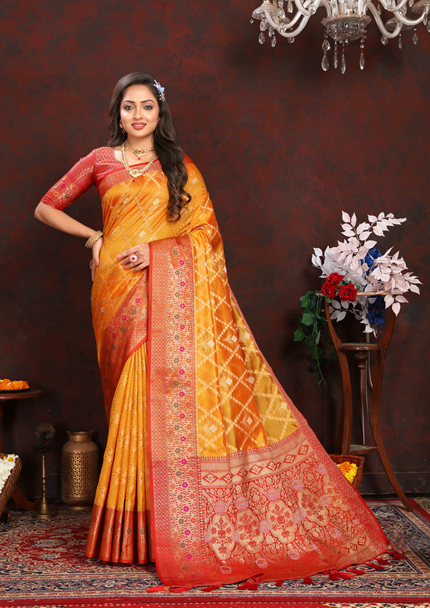 Lorenvalley Fashion Gold Organza Silk Woven Design with Rich Meenakari Weaving Pallu Saree - Swadesiicart