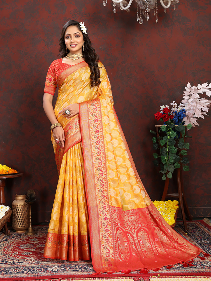 Lorenvalley Fashion Gold Organza Silk Woven Design with Rich Meenakari Weaving Pallu Saree - Swadesiicart