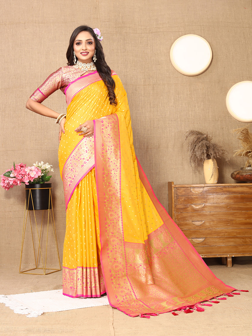 Lorenvalley Fashion Gold Soft Silk weaving Design Rich Zari Weaving Saree - Swadesiicart