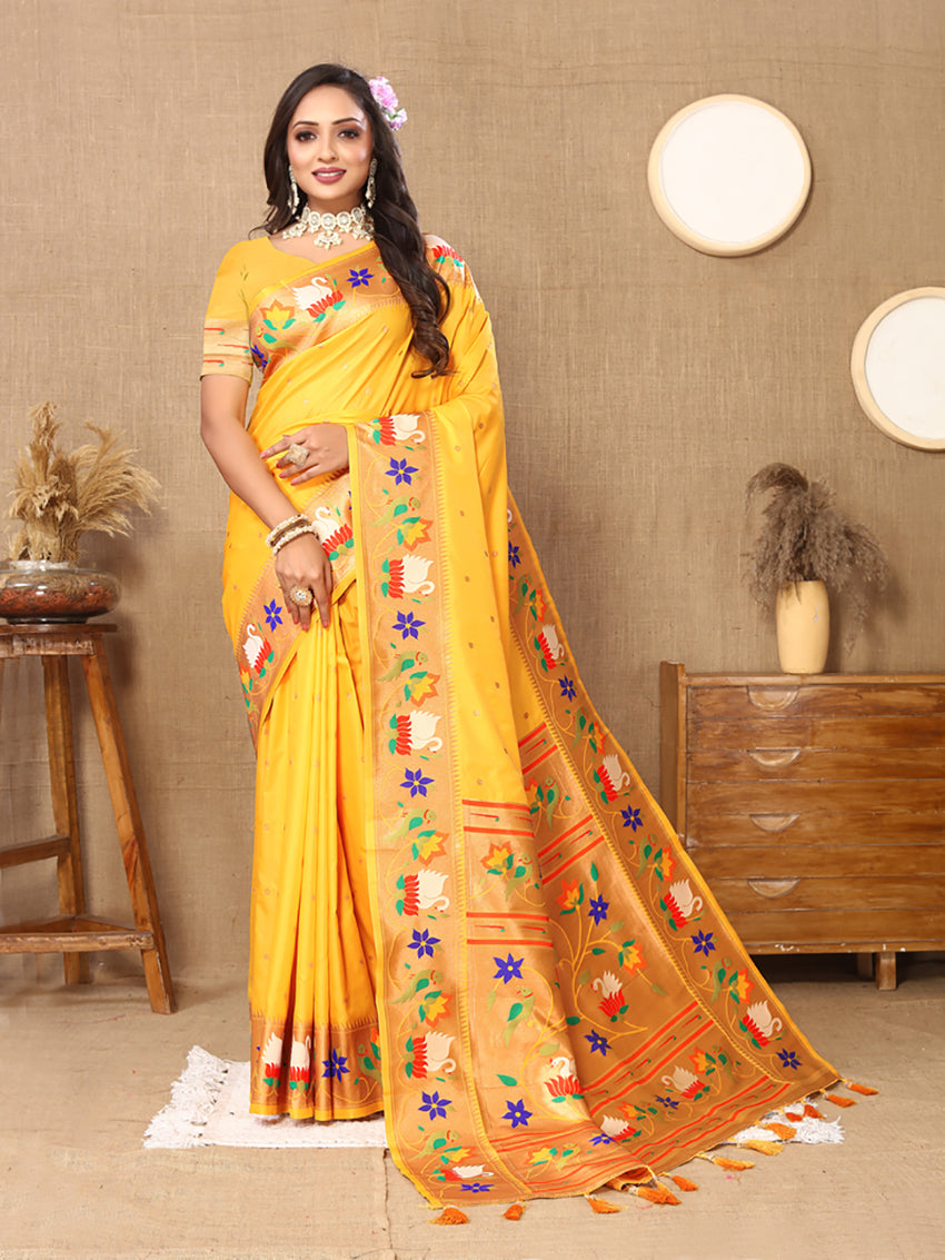 Lorenvalley Fashion Gold Soft Paithani Silk Woven Design Rich Zari Meenakari Weaving Saree - Swadesiicart