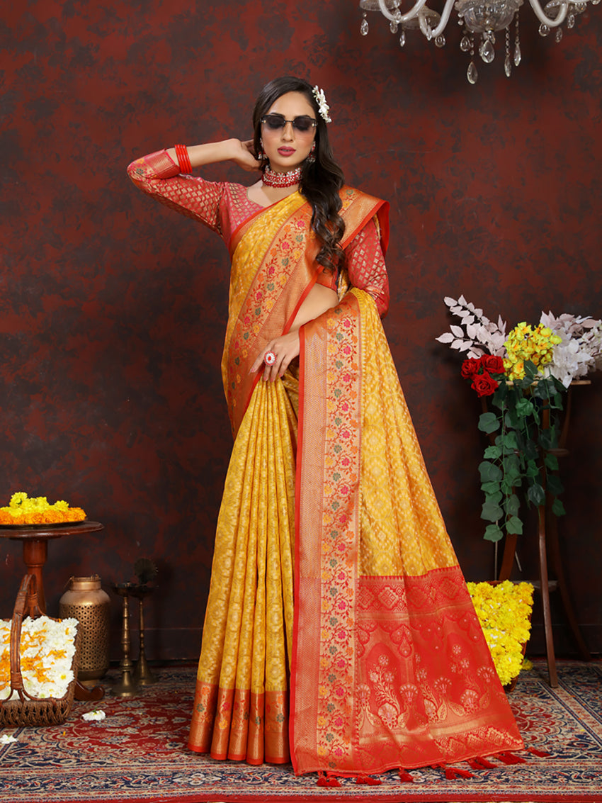 Lorenvalley Fashion Gold Organza Silk Woven Design with Rich Meenakari Weaving Pallu Saree - Swadesiicart