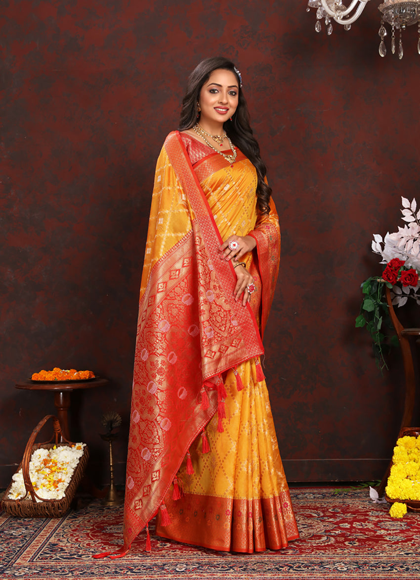 Lorenvalley Fashion Gold Organza Silk Woven Design with Rich Meenakari Weaving Pallu Saree - Swadesiicart