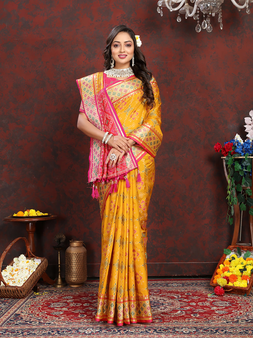 Lorenvalley Fashion Gold Patola Silk Woven Design with Zari Meenakari Weaving motifs Pallu Saree - Swadesiicart