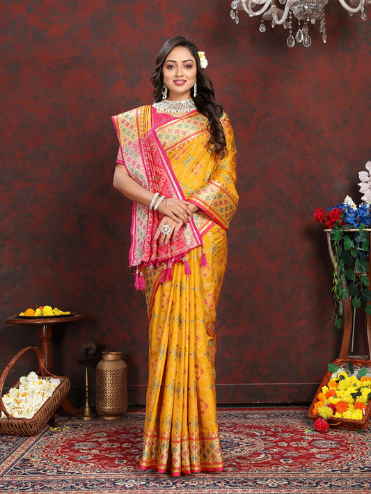Lorenvalley Fashion Gold Patola Silk Woven Design with Zari Meenakari Weaving motifs Pallu Saree - Swadesiicart