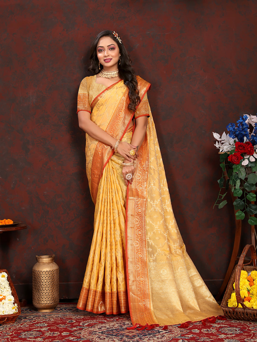 Lorenvalley Fashion Gold Soft Katan Silk Woven Design Zari Weaving Pallu Saree - Swadesiicart
