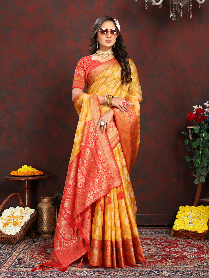 Lorenvalley Fashion Gold Organza Silk Woven Design with Rich Meenakari Weaving Pallu Saree - Swadesiicart