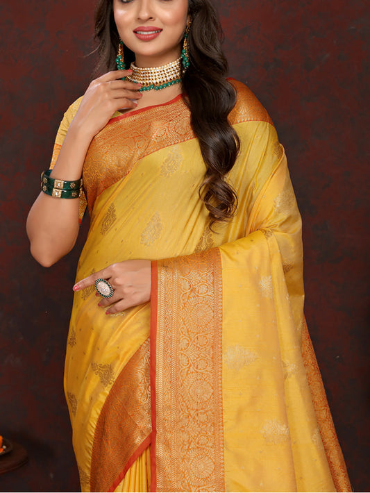 Lorenvalley Fashion Gold Soft Katan Silk Woven Design Zari Weaving Pallu Saree - Swadesiicart
