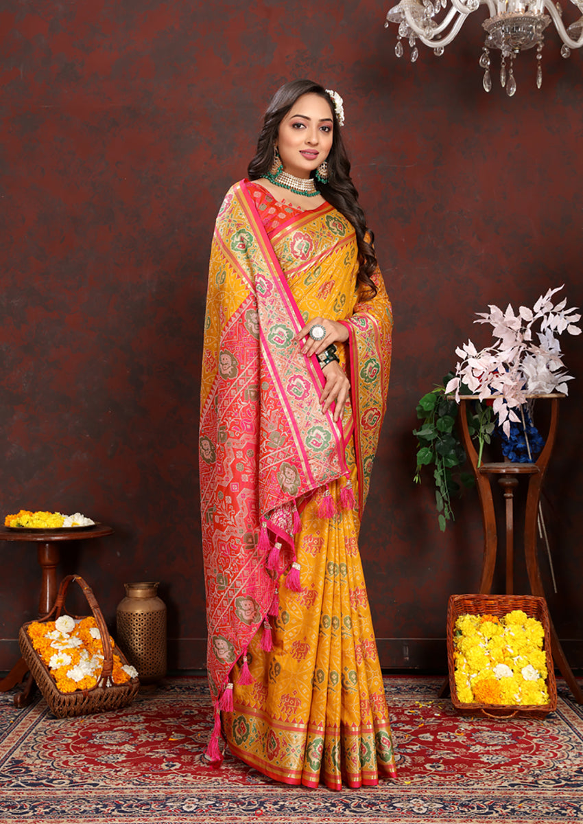 Lorenvalley Fashion Gold Patola Silk Woven Design with Zari Meenakari Weaving motifs Pallu Saree - Swadesiicart