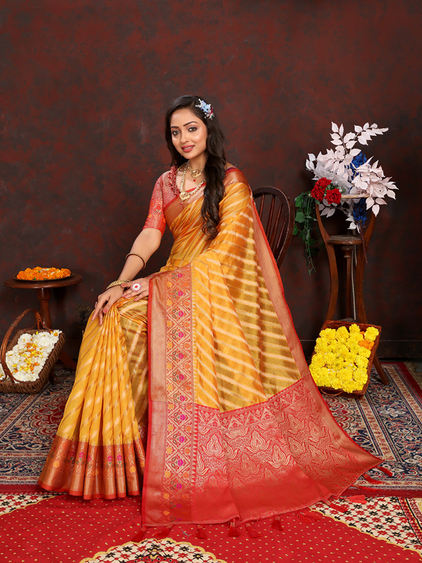 Lorenvalley Fashion Gold Organza Silk Woven Design with Rich Meenakari Weaving Pallu Saree - Swadesiicart