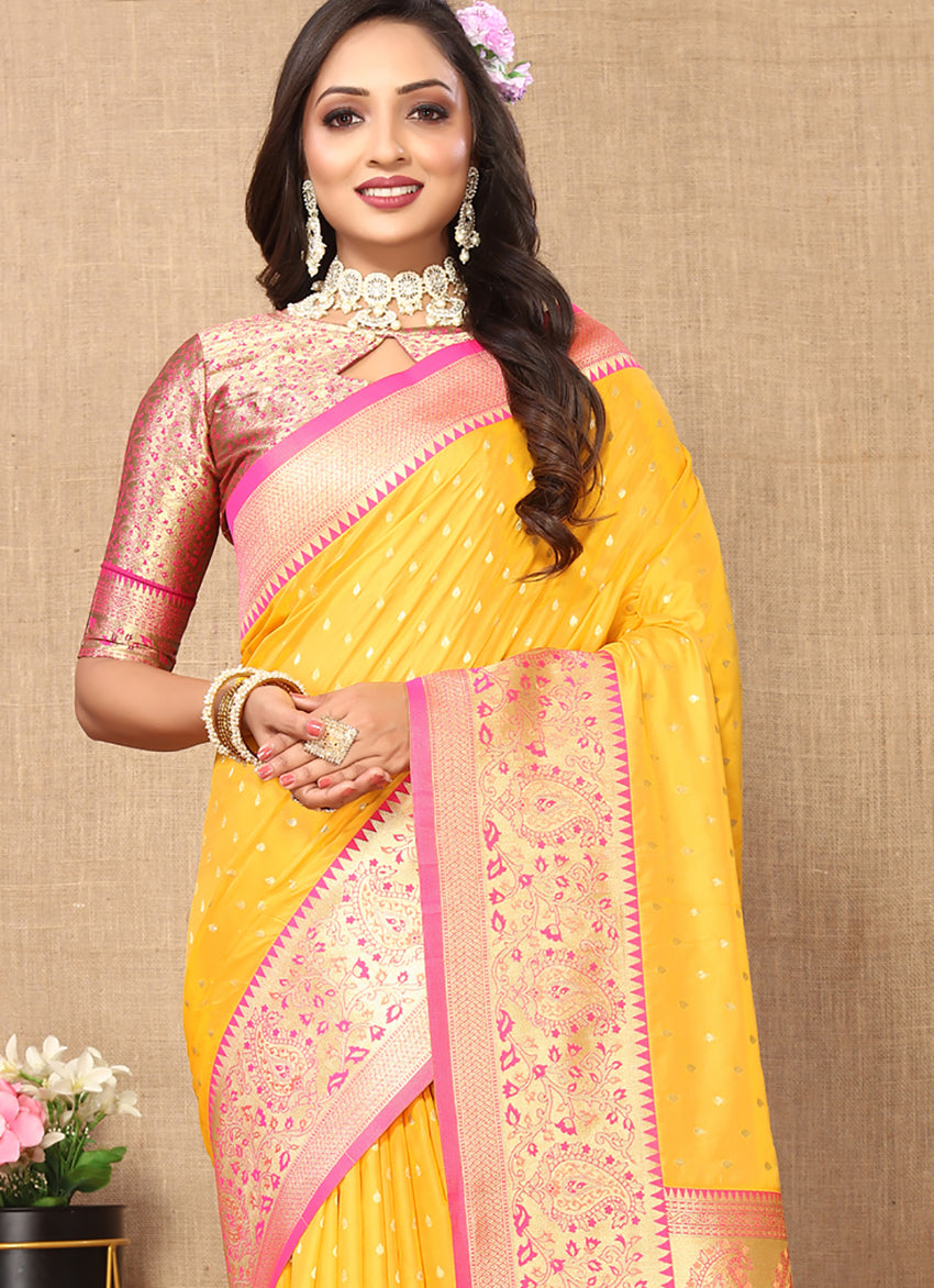 Lorenvalley Fashion Gold Soft Silk weaving Design Rich Zari Weaving Saree - Swadesiicart