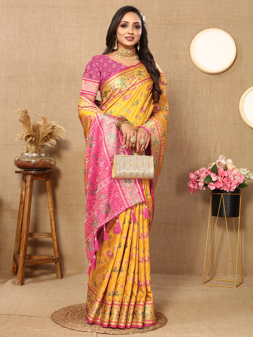 Lorenvalley Fashion Gold Patola Silk Woven Design with Zari Meenakari Weaving motifs Pallu Saree - Swadesiicart
