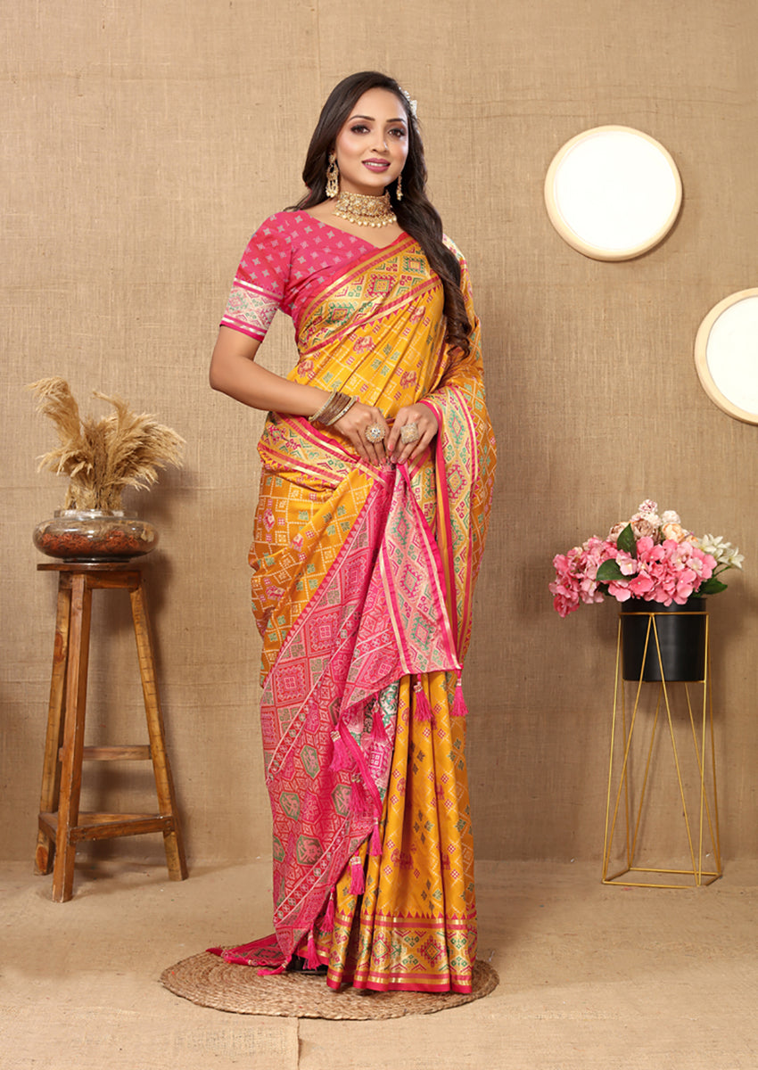 Lorenvalley Fashion Gold Patola Silk Woven Design with Zari Meenakari Weaving motifs Pallu Saree - Swadesiicart