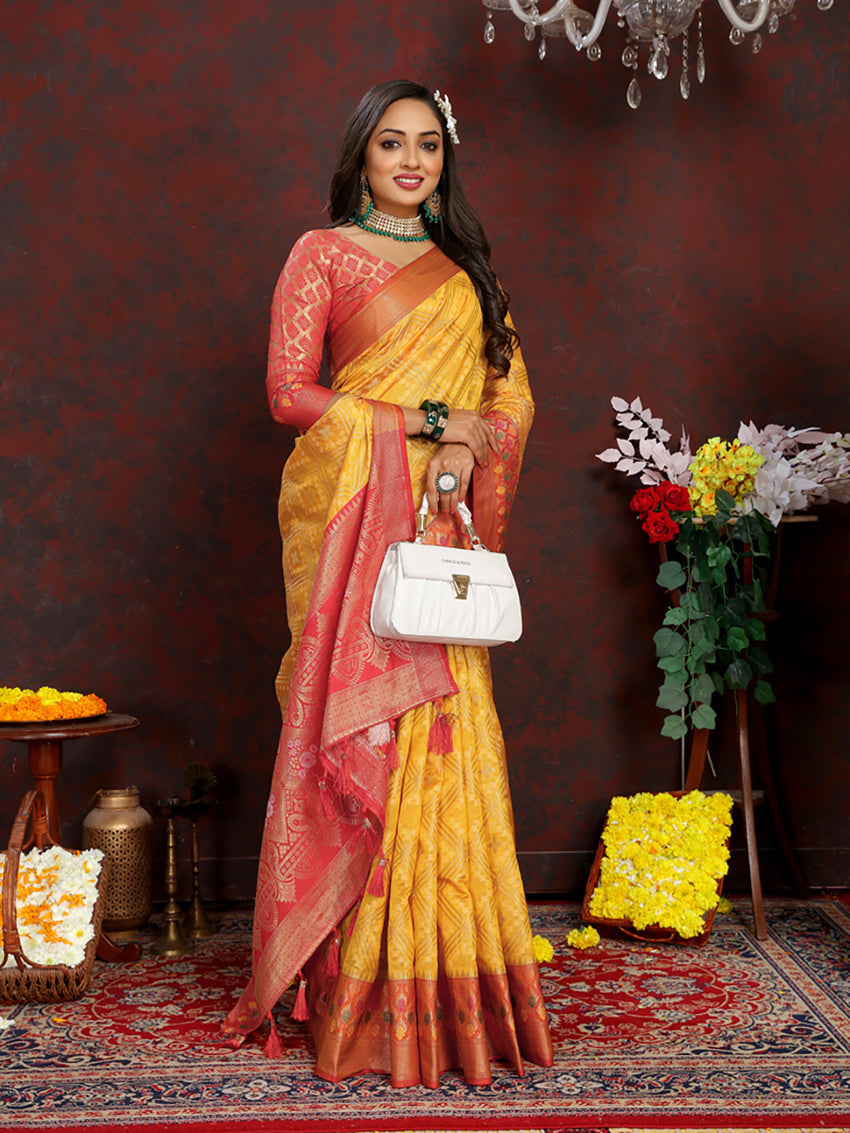 Lorenvalley Fashion Gold Organza Silk Woven Design with Rich Meenakari Weaving Pallu Saree - Swadesiicart