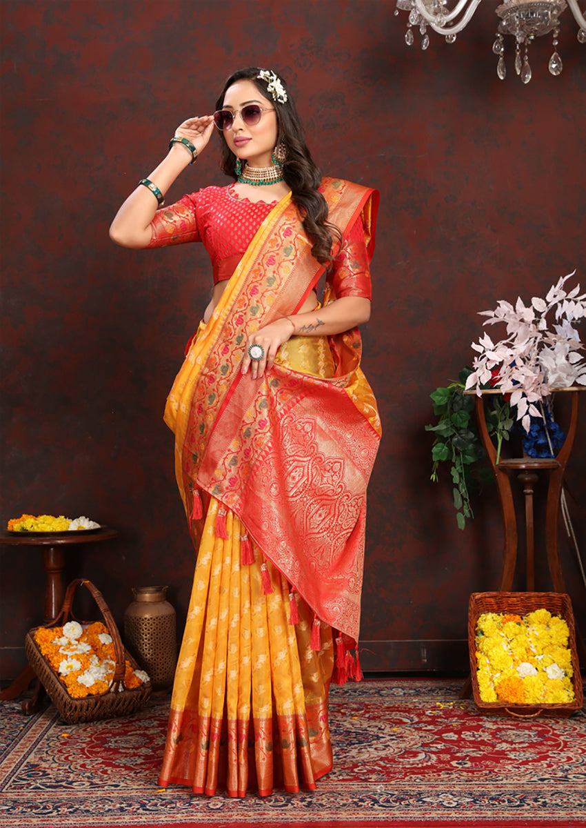 Lorenvalley Fashion Gold Organza Silk Woven Design with Rich Meenakari Weaving Pallu Saree - Swadesiicart
