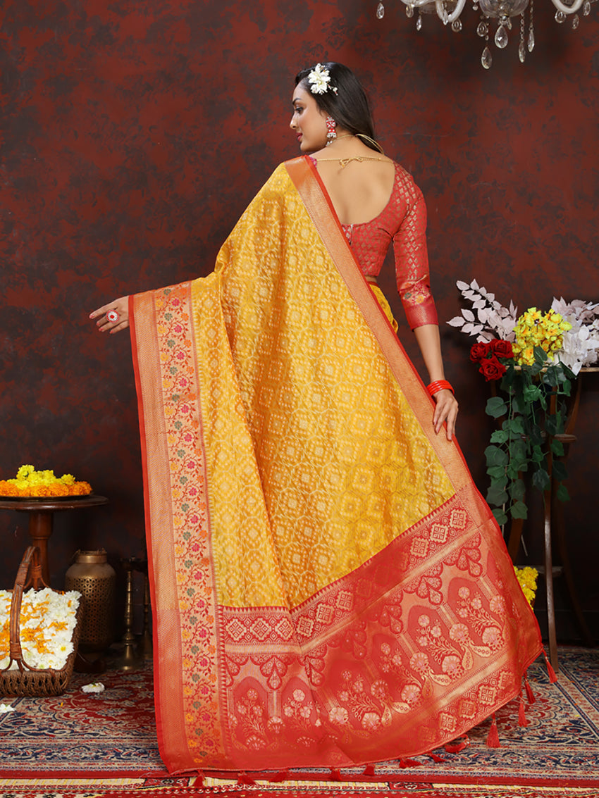 Lorenvalley Fashion Gold Organza Silk Woven Design with Rich Meenakari Weaving Pallu Saree - Swadesiicart