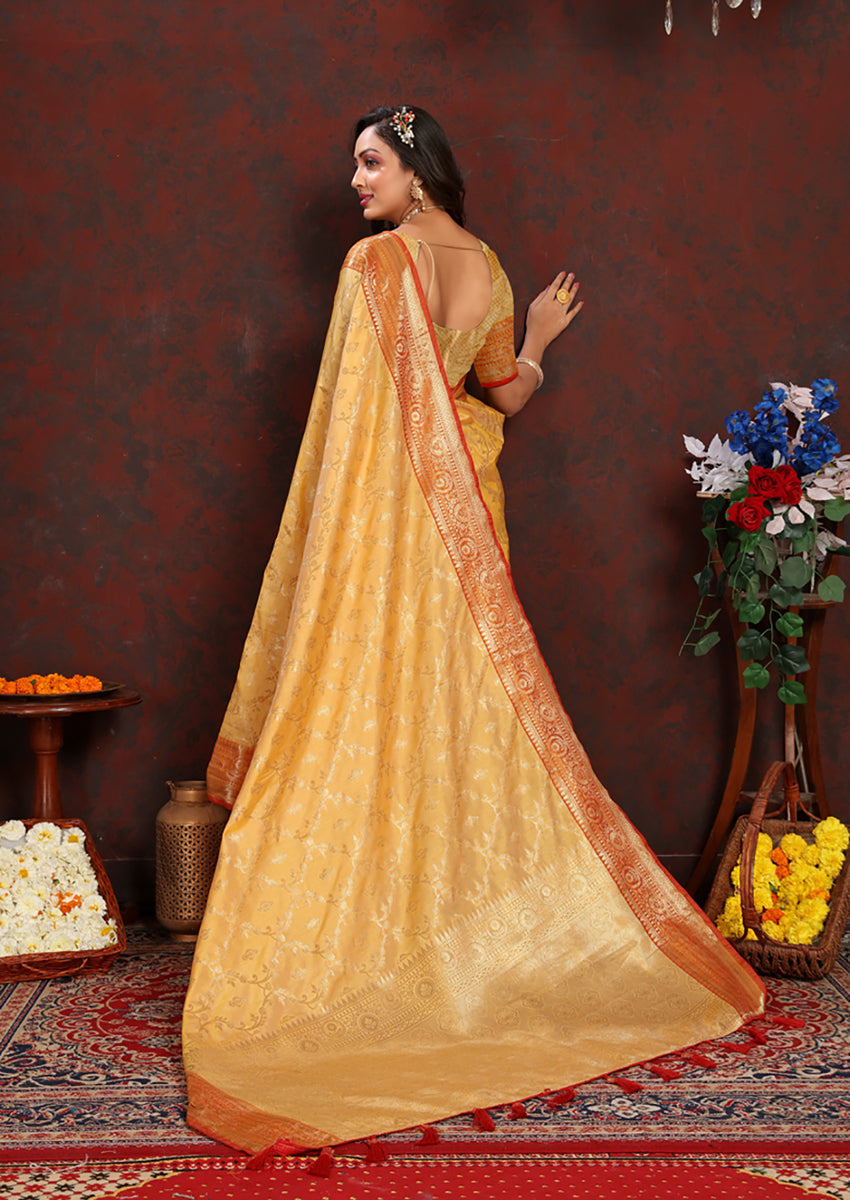 Lorenvalley Fashion Gold Soft Katan Silk Woven Design Zari Weaving Pallu Saree - Swadesiicart