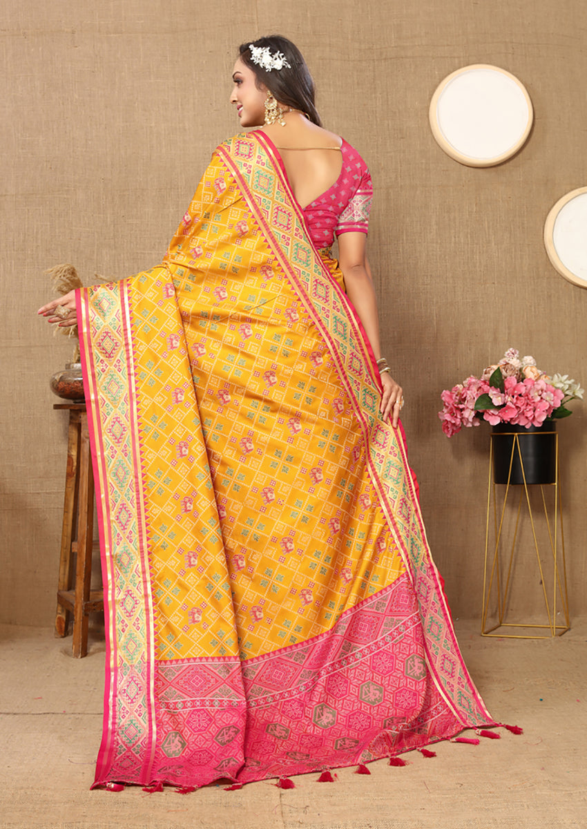 Lorenvalley Fashion Gold Patola Silk Woven Design with Zari Meenakari Weaving motifs Pallu Saree - Swadesiicart