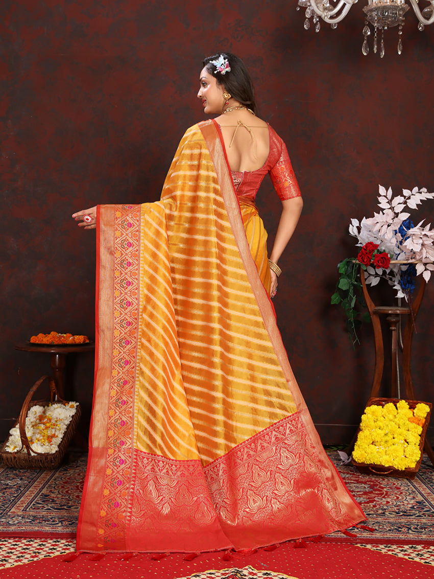 Lorenvalley Fashion Gold Organza Silk Woven Design with Rich Meenakari Weaving Pallu Saree - Swadesiicart