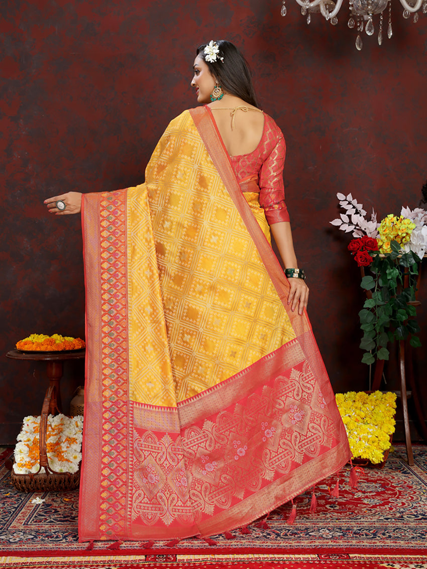 Lorenvalley Fashion Gold Organza Silk Woven Design with Rich Meenakari Weaving Pallu Saree - Swadesiicart