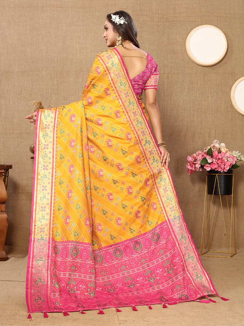 Lorenvalley Fashion Gold Patola Silk Woven Design with Zari Meenakari Weaving motifs Pallu Saree - Swadesiicart