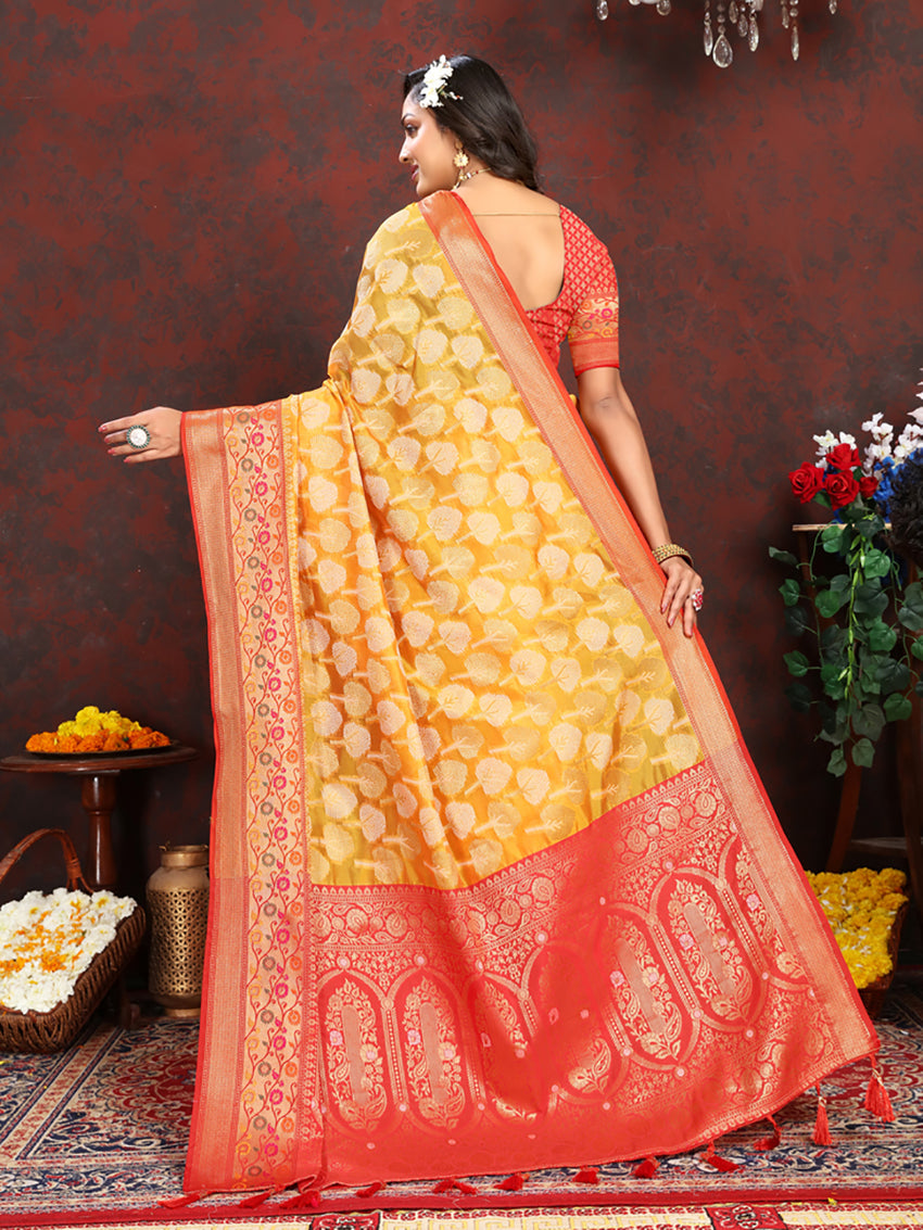 Lorenvalley Fashion Gold Organza Silk Woven Design with Rich Meenakari Weaving Pallu Saree - Swadesiicart