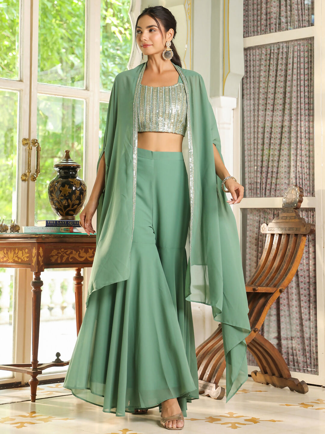 Janasya Sage Green Georgette Sequined Top Bottom Cape | Swadesiicart
