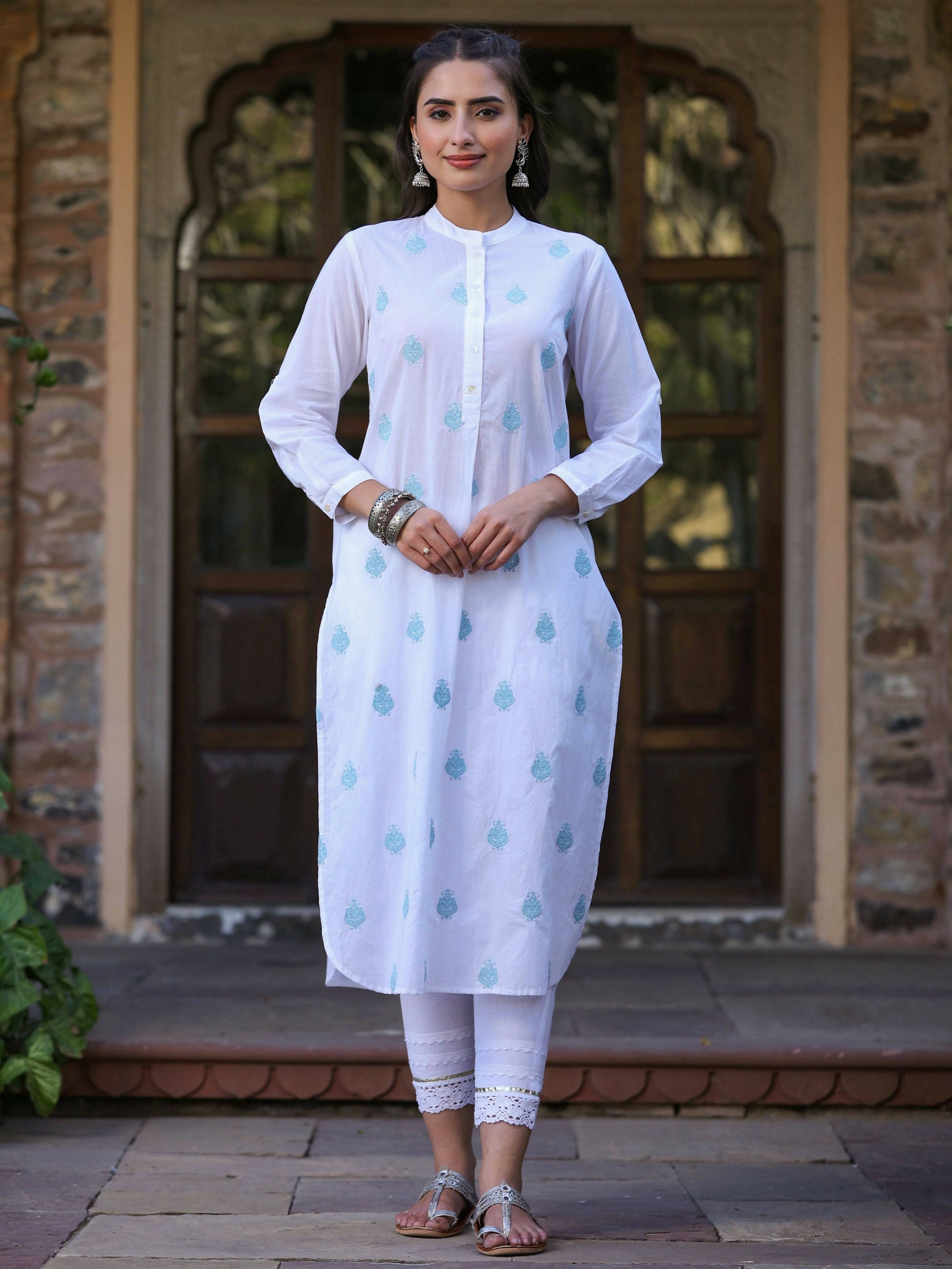 Juniper Women's White Cambric Printed Straight Kurta | Swadesiicart