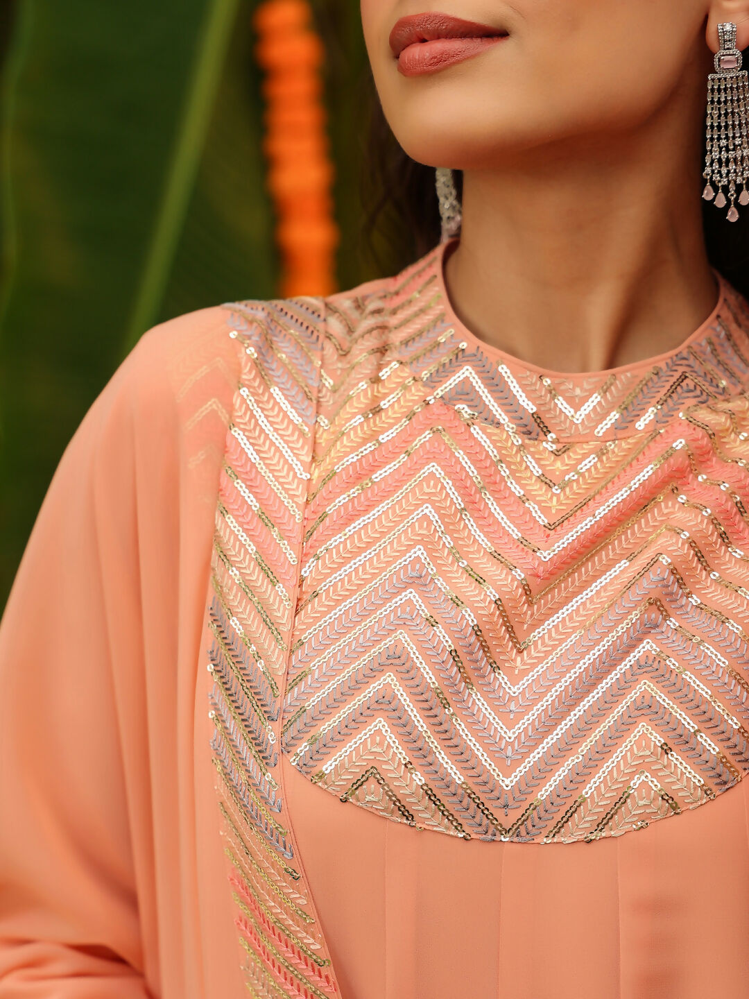 Janasya Peach Georgette Sequined Kurta,Bottom & Dupatta | Swadesiicart