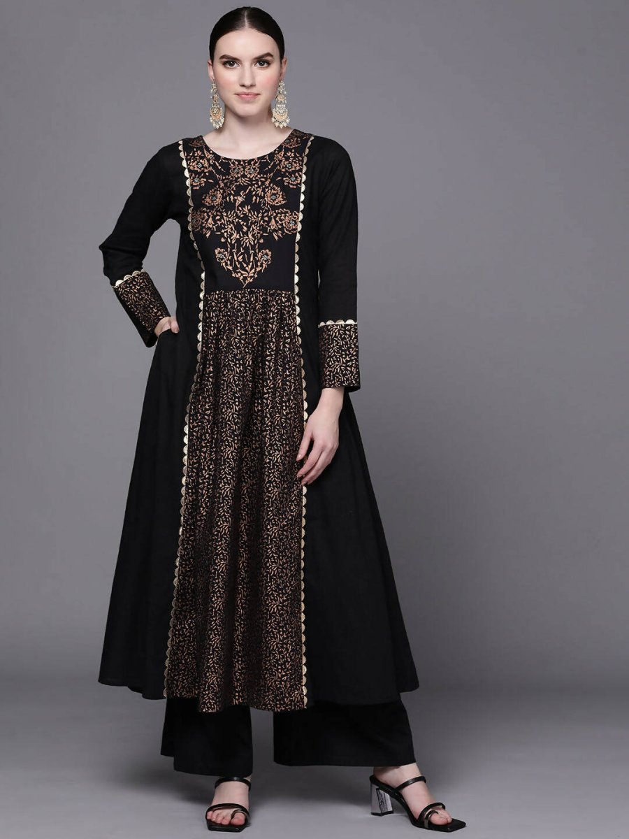 Ahalyaa Women Black Floral Printed Pure Cotton Kurta with Palazzos | Swadesiicart