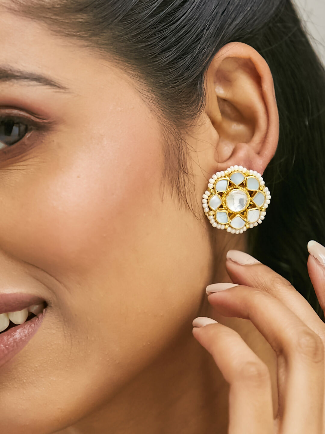 Nuyug 22K Gold-Plated Elegant Kundan Studded & Pearls Beaded Floral Studs | Swadesiicart