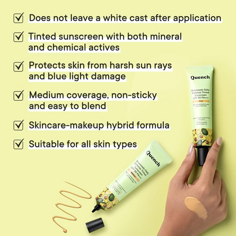 Quench Vitamin E Tinted SPF 50 Sunscreen PA+++ with both Mineral & Chemical Actives (Light Medium) | Swadesiicart