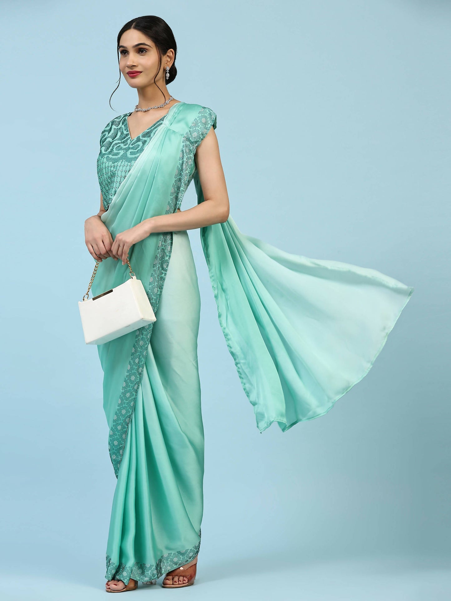 Sea Green Ombre Satin Georgette Plain Ready to wear Saree with stitched Blouse - Vrinda | Swadesiicart