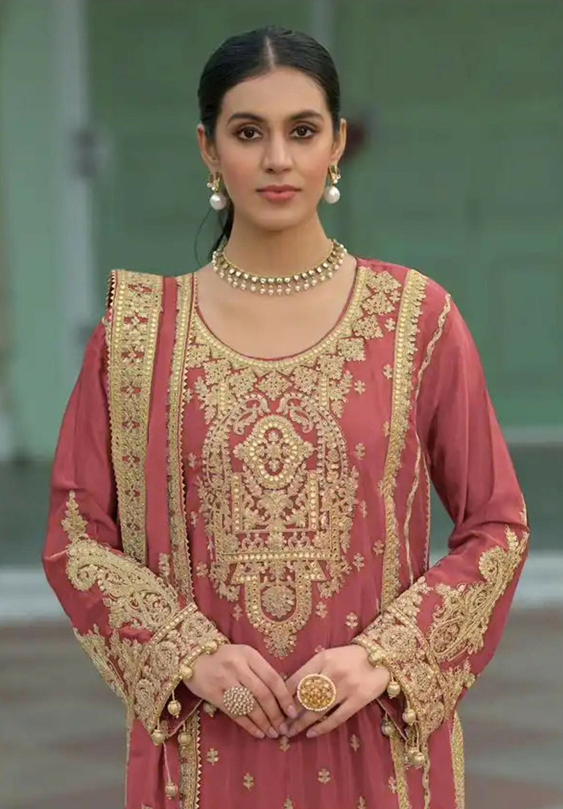 Anaita Coral Heavy Chinon Readymade Palazzo Suit with Heavy Embroidery Work