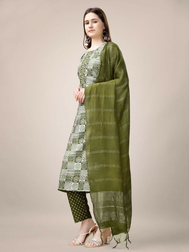 Jyoti Fashion Women's Mehendi Rayon Print with Embroidery & Fancy Lace Work Kurta with Trouser & Dupatta | Swadesiicart