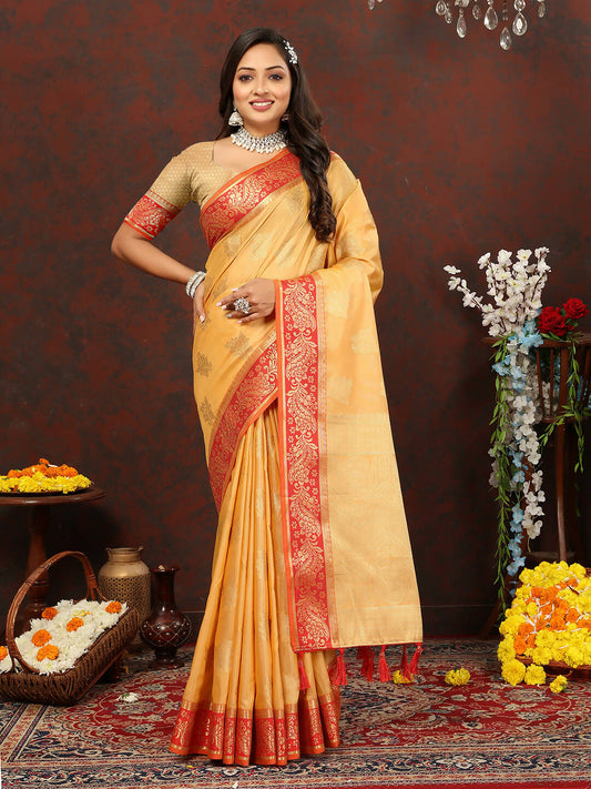 Lorenvalley Fashion Gold Cotton Woven Design with Zari Weaving Design Saree - Swadesiicart