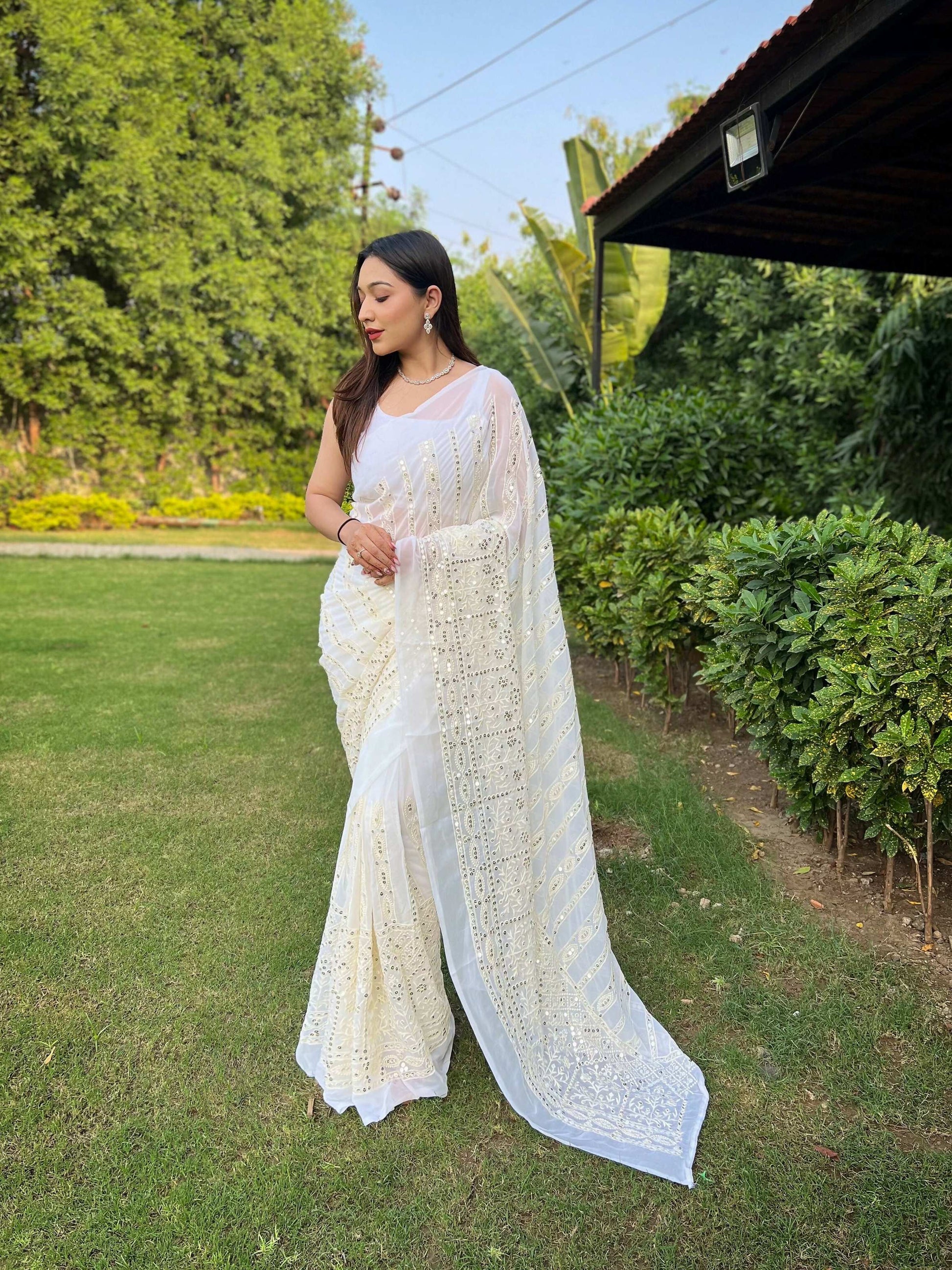 Vamsee V5-White Organza Saree - Swadesiicart