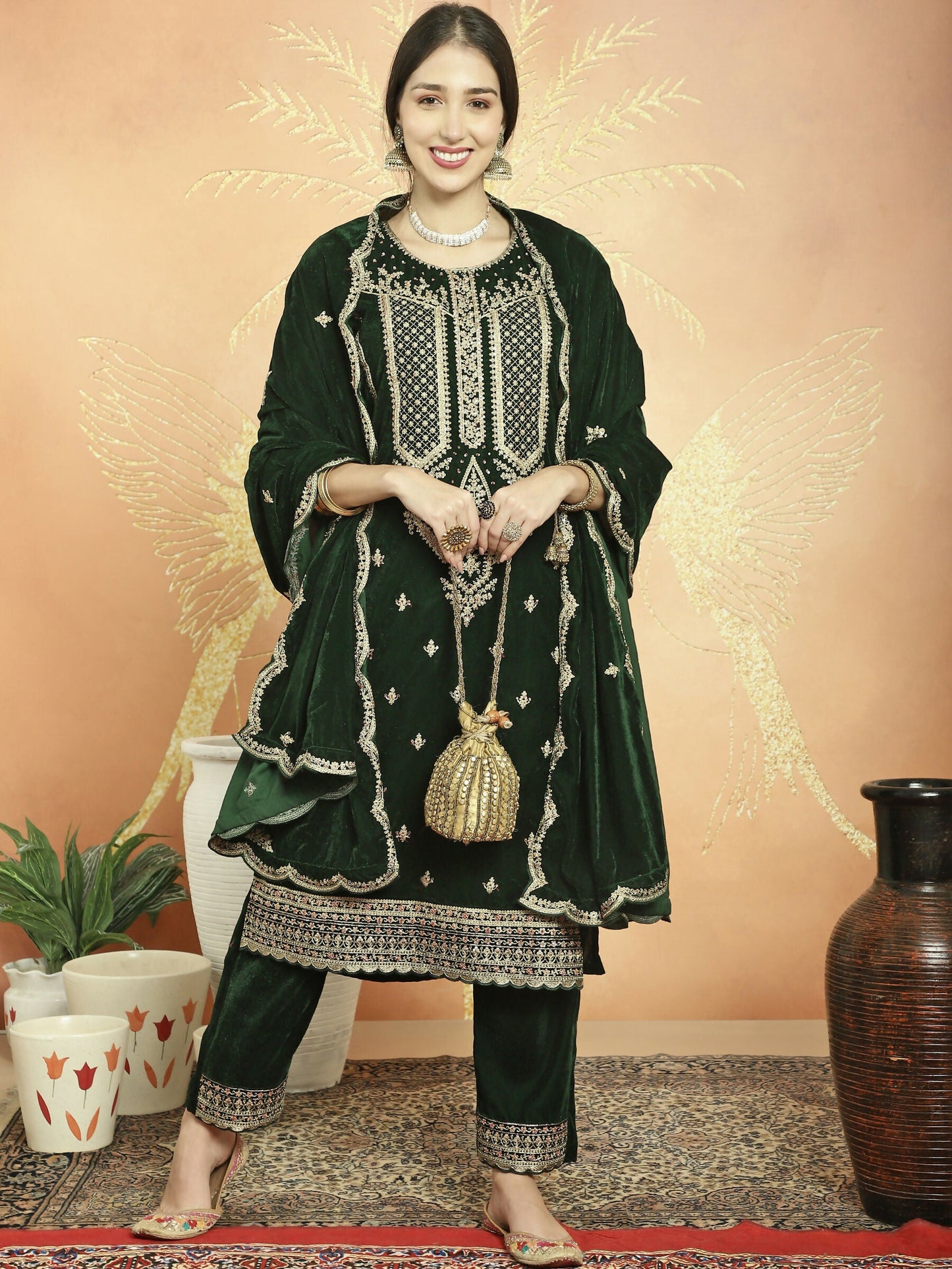 Jyoti Fashion Women's Green Velvet Cording with Resham Thread & Sequin Kurta with Trouser & Dupatta | Swadesiicart