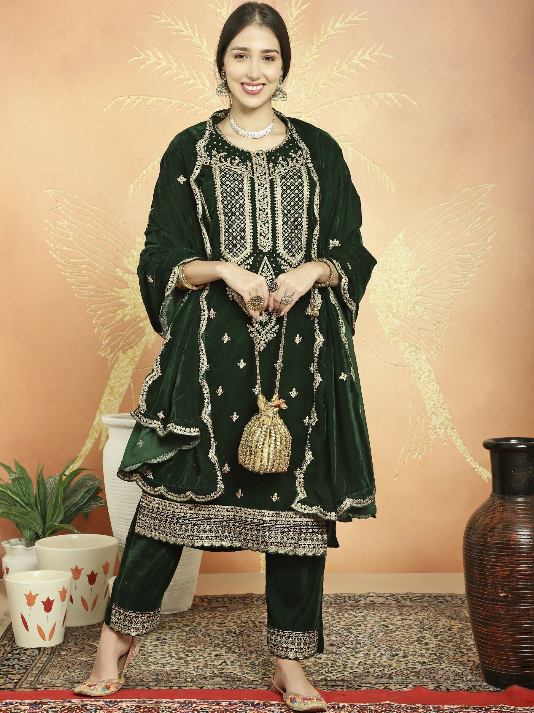 Jyoti Fashion Women's Green Velvet Cording with Resham Thread & Sequin Kurta with Trouser & Dupatta | Swadesiicart